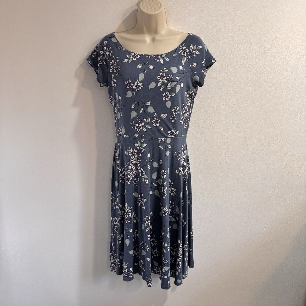 Ann Taylor LOFT T-shirt Dress S Blue White Floral Soft Stretch Fit & Flare